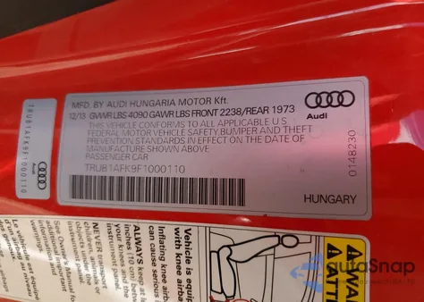 2015 Audi Tts z USA, uszkodzony, nr VIN TRUB1AFK9F1000110